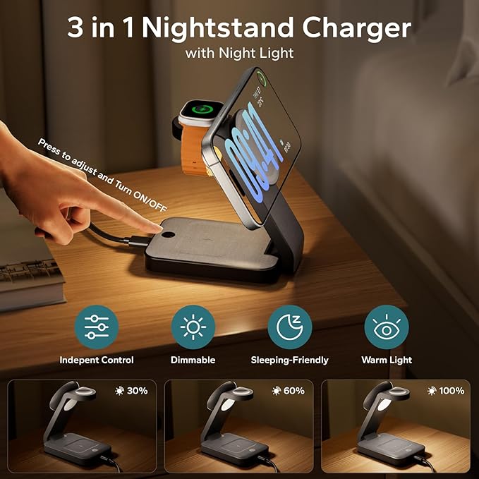 3 in 1 Foldable Wireless Charging Station for MagSafe, Nightstand Magnetic Charger Stand for iPhone 17 16 15 14 Pro Max, Travel Charging Dock with Night Light for Apple Watch/AirPods (Black)
