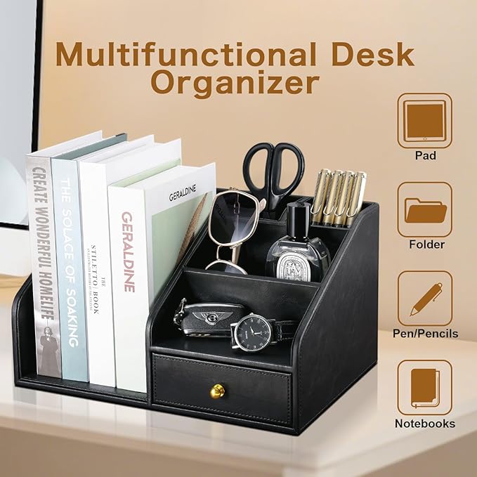 KINGFOM PU Leather Desk Organizer, Multifunction 6 Compartment Desk Organizers and Accessories for Office Supplies, Pen Pencil Holder/Book Mail Organizer Holder for Desk with Drawer(Black)