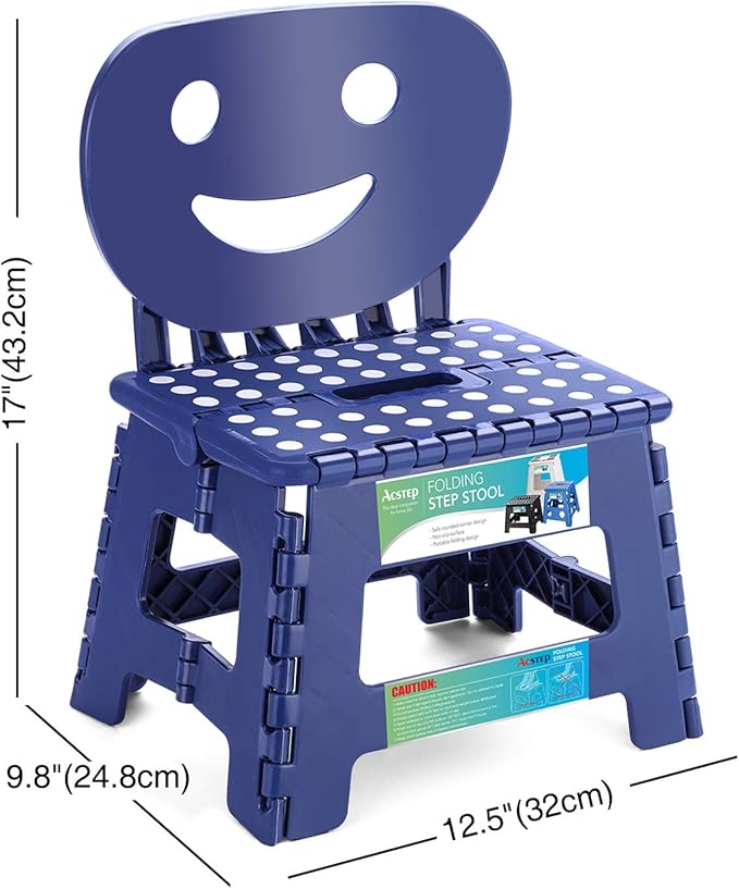 ACSTEP Folding Step Stool with Back Support for Kids,9" Kids Step Stool for Outdoor or Indoor Kitchen Step Stools and Bathroom Stool for Toddlers Boys Girls - Royal Blue