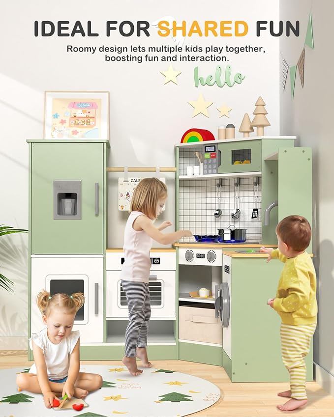 Babytronic Corner Wooden Play Kitchen Set for Kids w/Lights & Sounds, Pretend Play Kitchen Playset with Stove, Microwave, Ice Maker & Accessories, Perfect for Toddlers & Multiple Children (Green)
