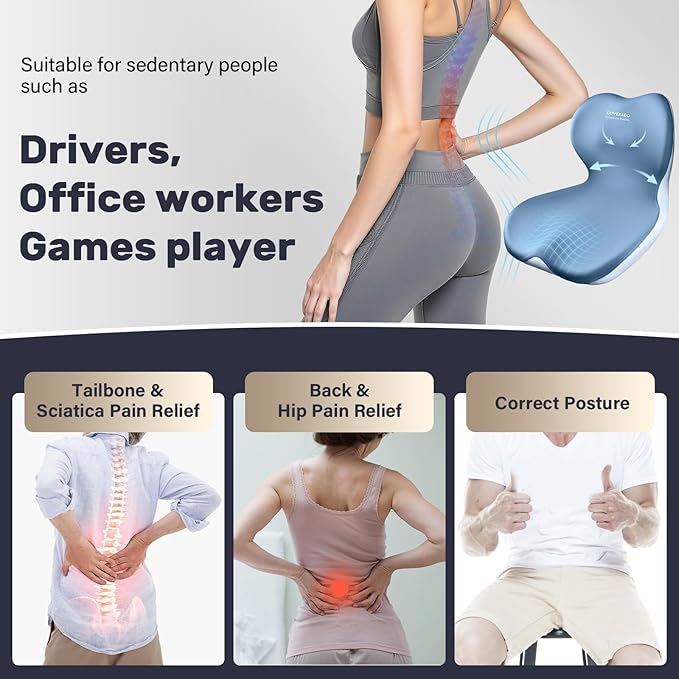 Coverado Car Seat Cushion and Lumbar Support Pillow One Piece, Memory Foam Ergonomic Back Support Driving Seat Cushion for Back Pain, Non-Slip Washable Cushion for Car, Driver, Office