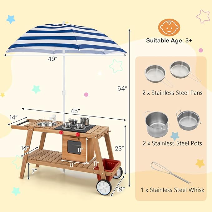 HONEY JOY Mud Kitchen with Umbrella, Wooden Rolling Mud Table Cart, Toddler Outdoor Kitchen Playset, Sink, Faucet, Planting Pots, Utensils, Storage Cabinet, Mud Kitchen for Kids Outdoor with Wheels