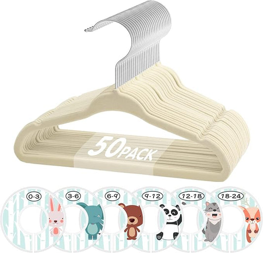 Baby Hangers, VIS'V 11 Inch Beige Velvet Kids Hangers with 6 Pcs Size Dividers Non Slip Nursery Children Closet Clothes Hangers for Infant Toddler Girls and Boys 50 Pcs