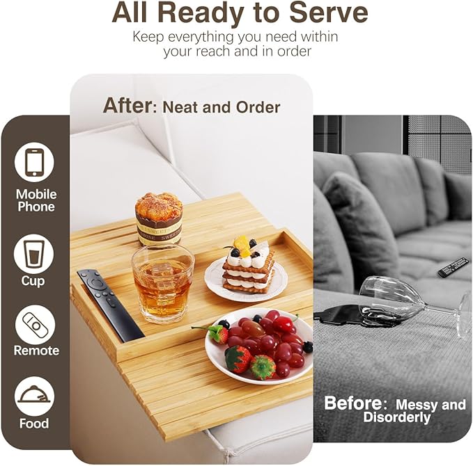 Couch Arm Tray, Bamboo Sofa Tray Table for Couch, Sofa Armrest Table, Anti-Slip Armrest Organizer, Foldable Couch Cup Holder for Snacks, Phone, Control, Cups, Natural