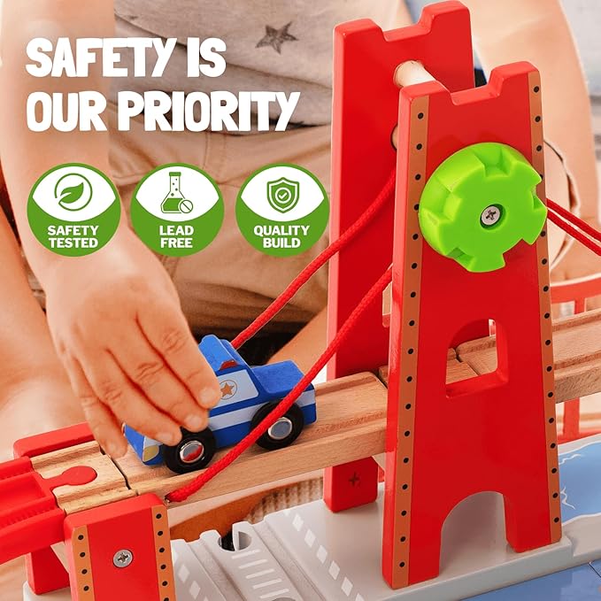 Giant bean 117 Pcs Busy Port City Train Set for Kids- Expandable & Changeable Wooden Train Track Set Toddler Toy, for Boys & Girls Ages 3+