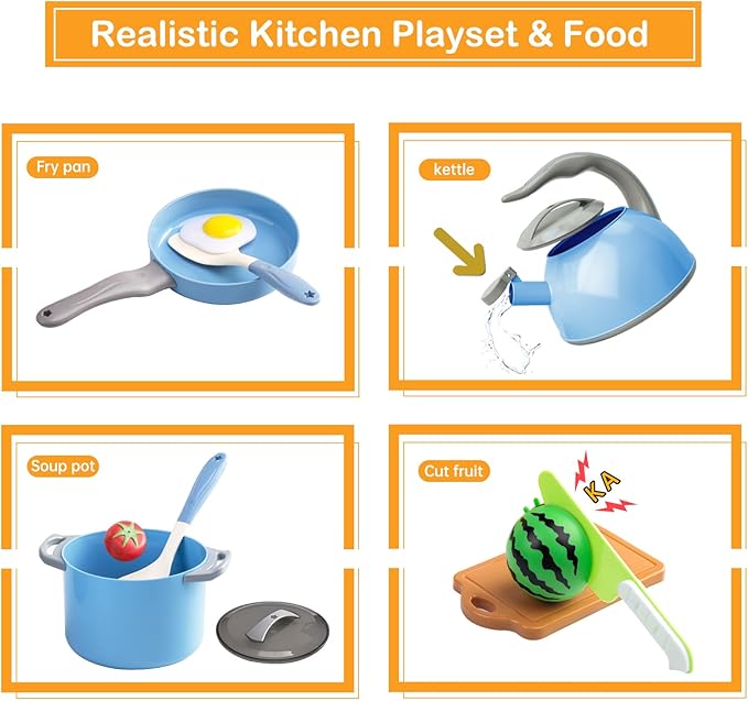 90Pcs Kitchen Playset Accessories, Pretend Cooking with Pots, Pans, Cookware, Food, Fruit, Veges, Color Sorting Baskets, Prop Money, Learning Gift for Girls Boys Toddlers (Blue)