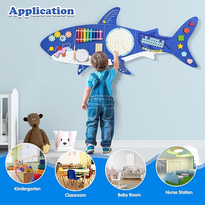 Weihnacht Shark Activity Wall Busy Board Panels,11-in-1 Montessori Sensory Toys, Toddler Learning Activity Center,Wooden Learning Toy Ideal Furniture for Playroom & Children's Daycare
