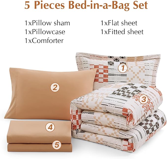 MaiRêve Plaid Twin XL Comforter Set, Farmhouse Bedding Sets for Boys Girls Teen 5 Pieces, Beige All Season Bed in A Bag for Dorm with Sheets, Pillowcase & Sham
