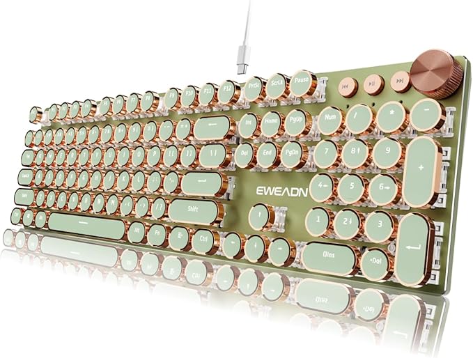 EWEADN Typewriter Style Mechanical Keyboard, Wired Typewriter Keyboards,104 Keys Backlit LED Metal Keyboards, Media Control Knob, Wired Computer Keyboard Pink Switch for Windows/Mac/PC-Green
