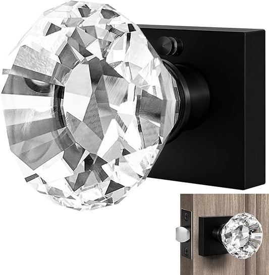 Clear Crystal Door Knob with Lock, Square Base, Glass Door Knobs Interior Privacy Set, Vintage Decorative Antique Style Handle for Bedroom, Bathroom, Closet, 1 Pack