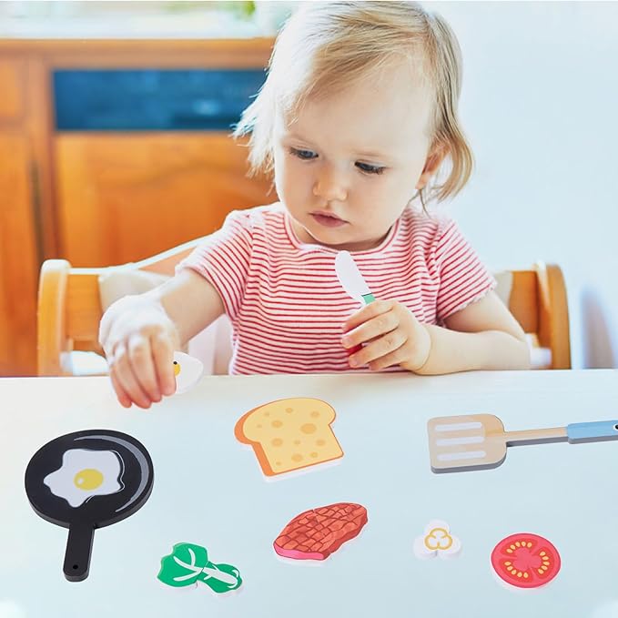 Adena Montessori Wooden Puzzles Play Fake Food for Kids Cookware Fried Egg Vegetables Set Kitchen Toys