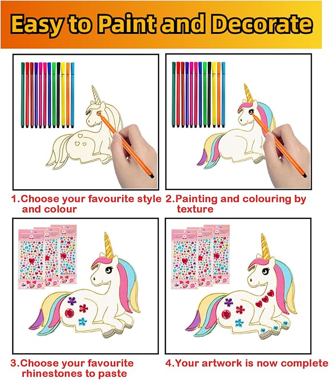 398 Pcs Unicorn Crafts, Wooden Painting Crafts for Kids, Wooden Crafts With 30 Wooden Blocks 354 Rhinestones 12 Color Pens 2 Stickers, Kids Crafts, DIY Crafts and Birthday Party Gifts for Kids