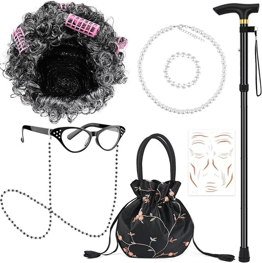 9 PCS 100 Days of School Old Lady Wig Set Include Wig Glasses Necklace Bracelet Glasses Chain Bag Cane and Stickers