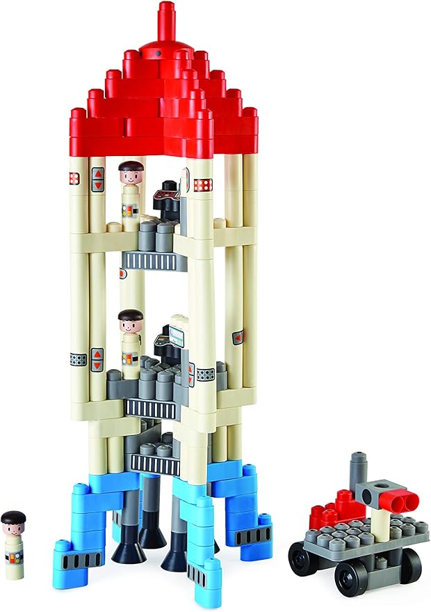 Hape PolyM Space Adventure Rocket Construction Kit | 138 Piece Building Brick Toy Play Set for Kids - Figurines and Accessories Included