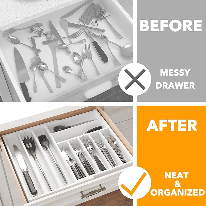 SpaceAid 2.5" High Bamboo Silverware Drawer Organizer with Labels, Kitchen Utensil Expandable Tray Holder for Flatware, Cutlery, Spoon and Knives Drawer Storage Organization (White)
