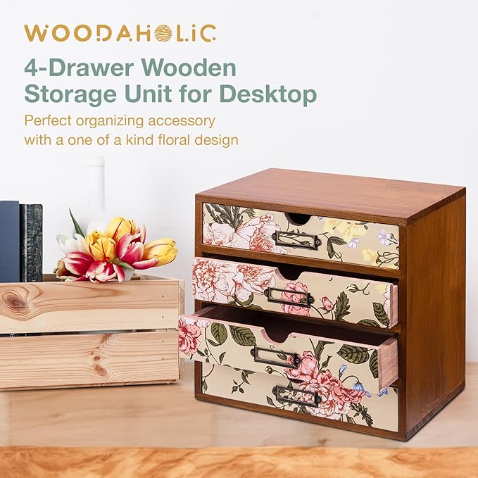 4-Drawer Vintage Desk Organizer with Jacobean Pattern Pastel Flowers Curio Drawer Dresser, Closet, Tabletop - Embroidery Reel Shelf Wood Desktop Organizing Cabinet - Victorian Floral Design