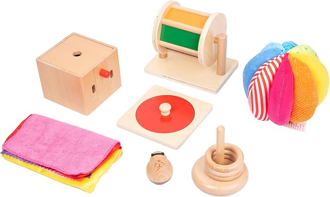 Adena Montessori Play Kit for 5-6 Months Baby,8 in 1 Learning Educational Toys for Toddler,Include Rainbow Spining Drum,Mirror Puzzle,Baby Tissue Box and More,Christmas Birthday Gift for Boys Girl