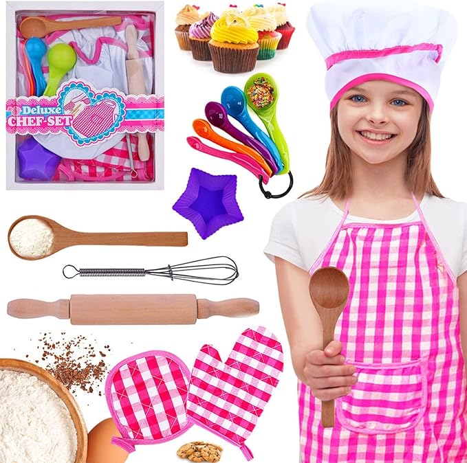 Kids Baking Set Cooking Apron - 13 Piece Children Kitchen Bake Playset Accessories for Girls Includes Chef Hat, Apron, Cupcake Mold, Measuring Spoons, Oven Glove, Mitt, Play Whisk Spoon