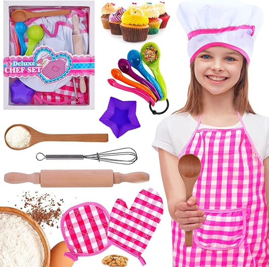 Kids Baking Set Cooking Apron - 13 Piece Children Kitchen Bake Playset Accessories for Girls Includes Chef Hat, Apron, Cupcake Mold, Measuring Spoons, Oven Glove, Mitt, Play Whisk Spoon