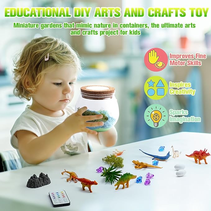 Ideashop Dinosaur Light Up Terrarium Kit for Kids, Educational DIY Arts and Crafts Science Kit Activities Kits, Kids Dinosaur Toys Birthday for Boys Girls Ages 4 5 6 7 8 9 10 Year Old