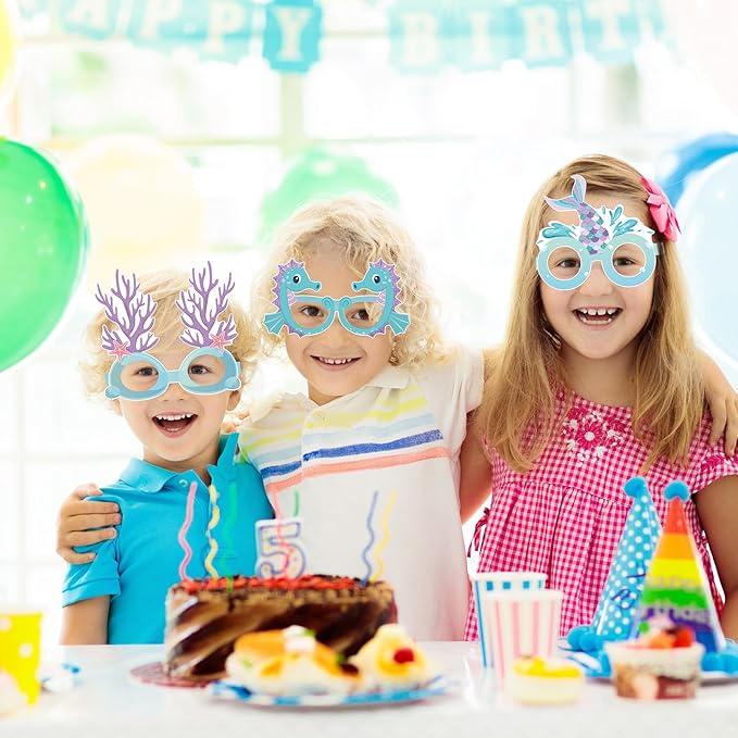32 Pcs Mermaid Party Decorations Mermaid Paper Glasses Frame Under the Sea Photo Booth Props Mermaid Eyeglasses for Girls Summer Beach Theme Birthday Party Baby Shower Favors Supplies