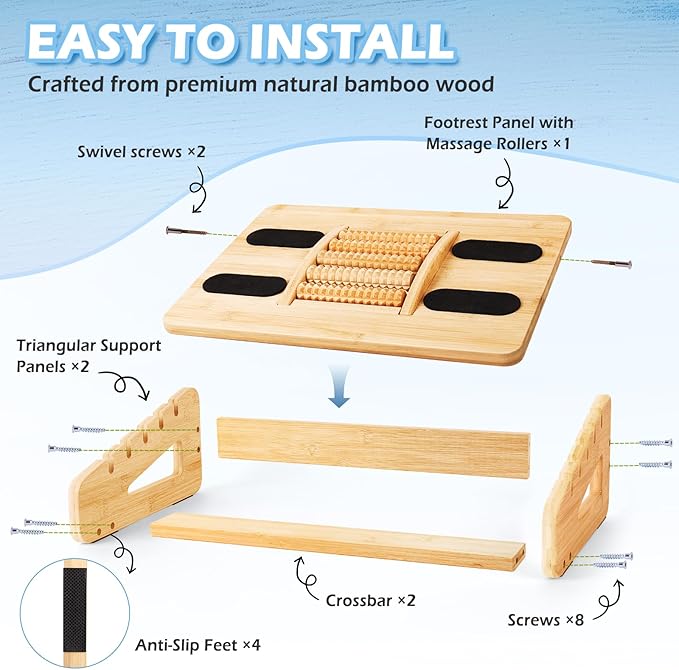 Ergonomic Bamboo Foot Rest for Under Desk, Dual Side Footrest with Reflexology Massager Roller, 5 Heights Adjustable Foot Stool, Ergonomic Leg Support to Relieve Lumbar, Back, and Knee Pain