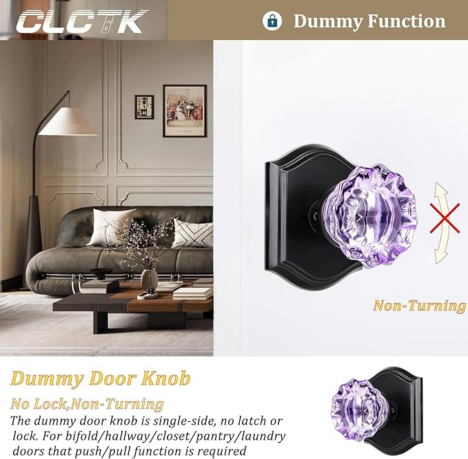 CLCTK Purple Crystal Glass Dummy Door Knob, Matte Black Closet Bifold Dummy Door Handles Non-Turning Single Side, 2 Pack