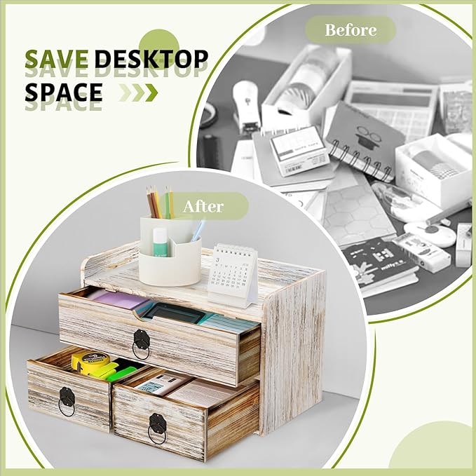 Wood Desk Organizer with Drawer, Vintage Brown Wooden Desktop Organizer, Tabletop Storage Organization Box for Countertop, Home Office Supplies (3 Drawer and Shelf)