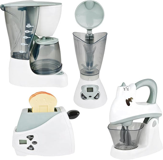 Constructive Playthings 4 pc. Pretend Play Action-Fun Appliances Set with 8" H. Blender, Mixer, Popping Toast Toaster and Water Dispensing Coffee Maker for Ages 3 Years and Up