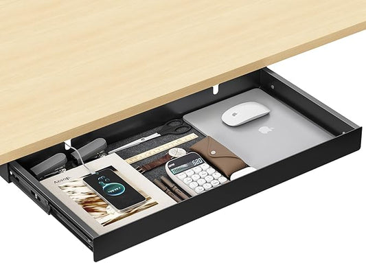Under Desk Drawer,20.1 inch Carbon Steel Slide-Out Under Table Storage Organizer With Full Extension Ball-Bearing Slides,Undermount Drawer For Standing Desk & Home Office,Black