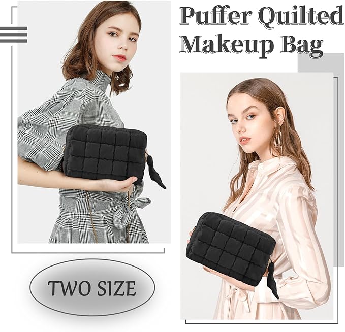 Puffer Quilted Makeup Bag Cosmetic Bags,Puffy Travel Toiletry Pouch for Women,Cute Checkered Zipper Bag Travel Essential,Portable Aesthetic Make up Organizer Bag for Gifts Work Daily(Black,M)