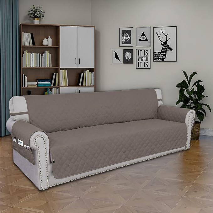 Easy-Going Sofa Slipcover Waterproof Sofa Cover Couch Cover for 4 Cushion Couch with Elastic Straps Washable Non-Slip Furniture Protector Cover for Pets, Dogs, Cat (XX-Large, Taupe)