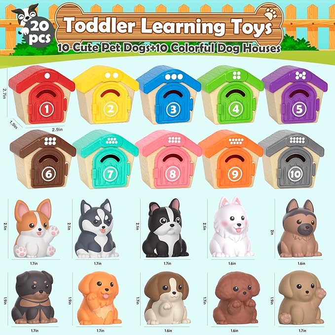 Aigybobo Learning Toys for Toddlers 1 2 3 Year Old, 20 Pcs Pet Dog Toys for Kids, Animal Counting Matching Sorting Fine Motor Educational Playset, Puppy Gifts for Baby Boys Girls Age 12-18 Months