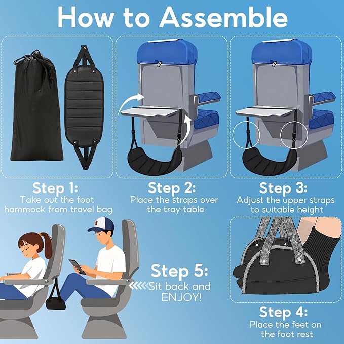 1-Pack Airplane Foot Hammock, Adjustable Plane Foot Rest for Long Flight, Plane Travel Essentials to Relax Your Feet, Foot Rest for Air Travel, Desk & Car