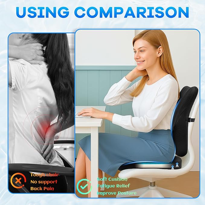 Gel-Infused Seat Cushion & Memory Foam Lumbar Pillow Set,Non-Slip Bottom，Breathable Mesh Cover，Portable Handle - Ergonomic Support for Office Chair Cushion, Car Seat Cushion and Wheelchair，Black