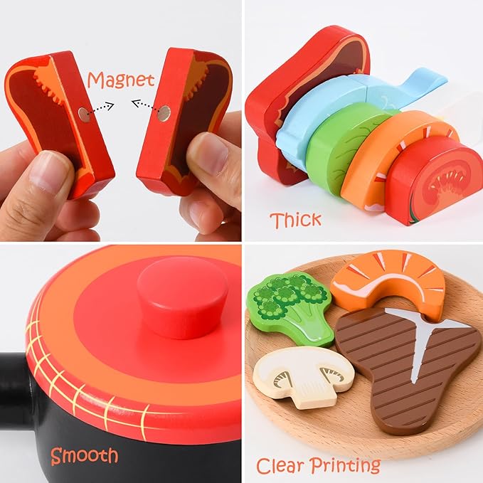 Atoylink Wooden Kids Kitchen Playset 44 Pcs Play Kitchen Accessories with Cookware, Pot, Vegetable, Fish, Play Food Set, Toddler Kitchen Toys Pretend Play Toy Gift for Kids Boys Girls Aged 3+