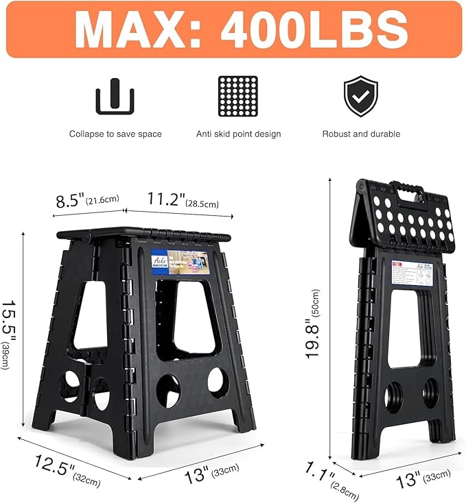 ACKO Folding Step Stool Foldable 16 Inch Stool 400 LB Weight Capacity Plastic Foldable Step Stools for Adults and Kids, Folding Stool Suitable for Kitchen, Stepping Stool with Handle 1PC