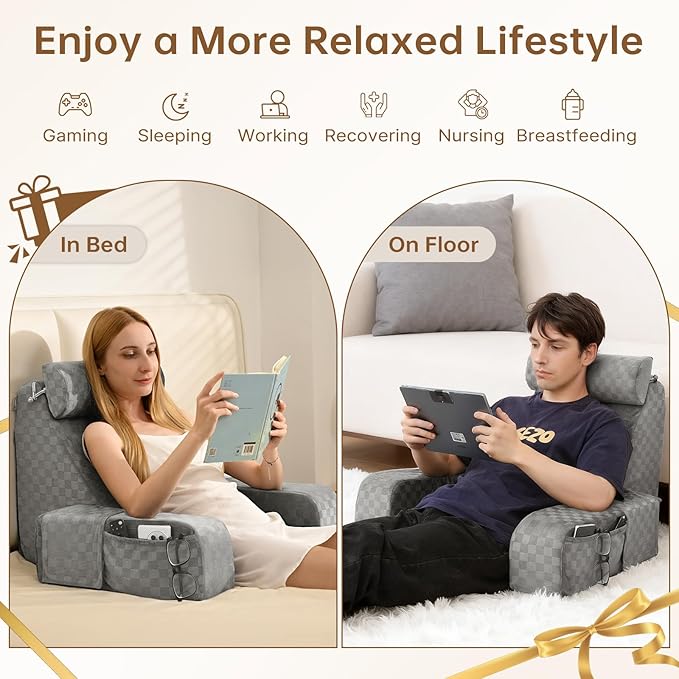 Vekkia Reading Pillow for Adults – Ergonomic 45° Wedge Back Support Chair for Sitting in Bed, XL Side Pockets, Perfect for Working, Gaming, Watching TV, Relaxing, or Recovery, Great Gift Idea, 19”