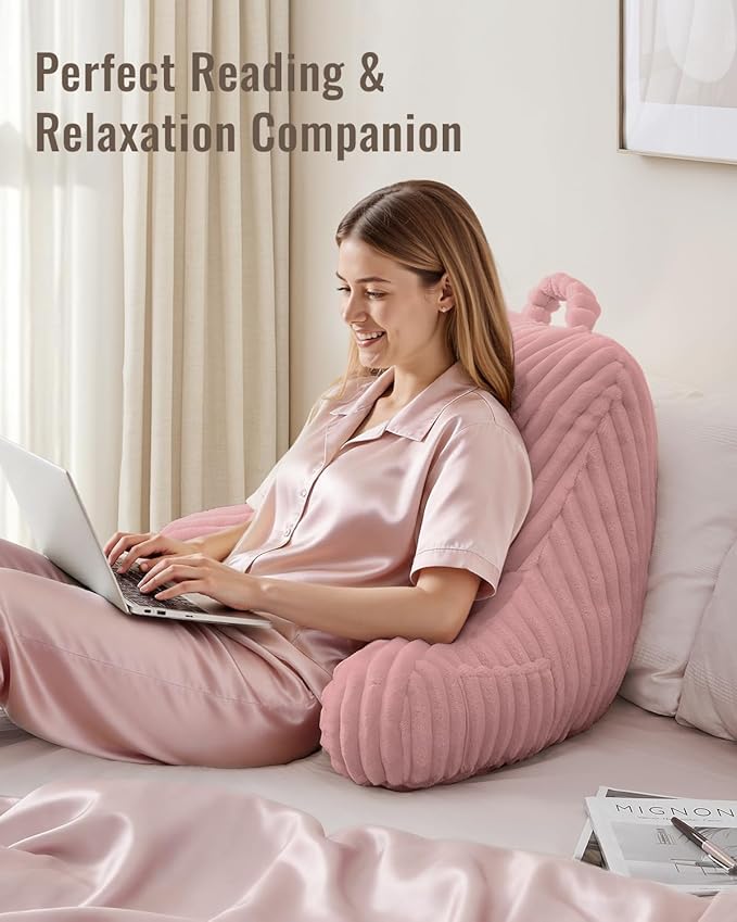 Blissful Diary Reading Pillow for Sitting in Bed, Large Flannel Back Pillow Bed Sitting Up for Adult & Children, Backrest Cushion for Sit Up in Couch or Floor, Dorm Essentials, Plush Pink
