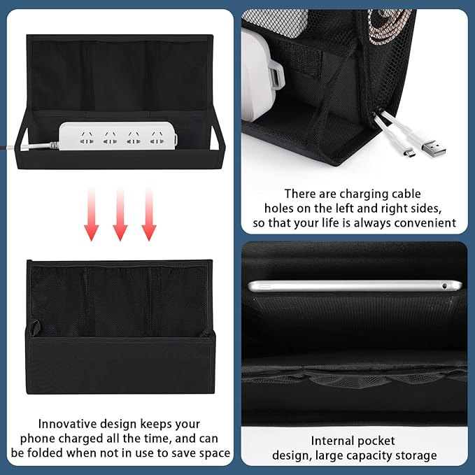 Bedside Storage Organizer with Power Strip Holder and Adjustable Straps Bed Hanging Bag for Home Bunk Bed Dorm Sofa (Black)