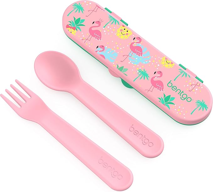 Bentgo Kids Utensil Set - Reusable Plastic Fork, Spoon & Storage Case - BPA-Free Materials, Easy-Grip Handles, Dishwasher Safe - Ideal for School Lunch, Travel, & Outdoors (Tropical)