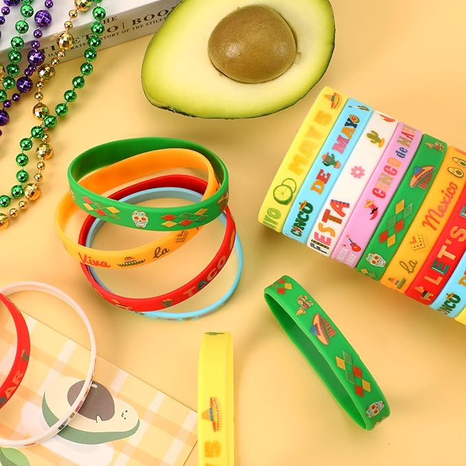 JUNEBRUSHS 42pcs Mexican Fiesta Silicone Bracelets Cactus Guitar Hat Rubber Wristbands Party Favors Accessories for Mexican Fiesta Birthday Party Decorations Gift (7 Designs)