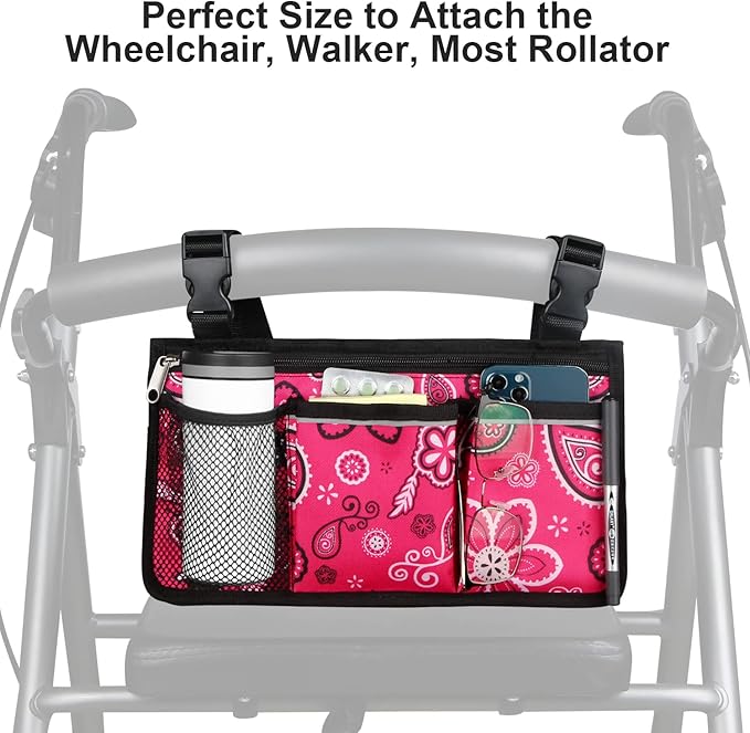 Wheelchair Side Bag, Upgrade Flower Color Wheelchair Armrest Storage Pouch with Cup Holder and Reflective Strip, Made with Waterproof Fabric, for Most Wheelchairs, Walkers and Rollators (Red Floral)
