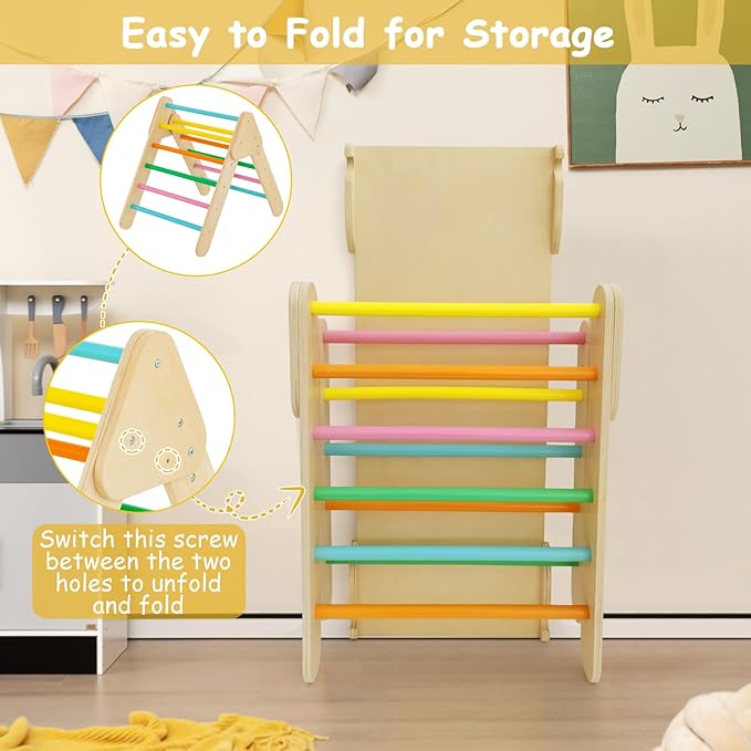 Costzon Climbing Toys for Toddlers, Foldable Montessori Wooden Arch Climber Ladder with Sliding Ramp, Multi-Combination Methods, Rainbow Kids Triangle Climber Play Gym Set for Boys Girls Gift Present