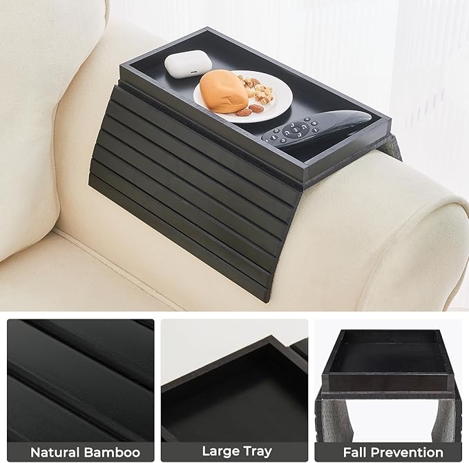 Bamboo Sofa Arm Tray, Anti Falling Couch Arm Tray Table, Foldable Couch Armrest Table, Portable Sofa Armrest Trays Cup Holder for Drink, Cups, Phone, Snacks, Remote