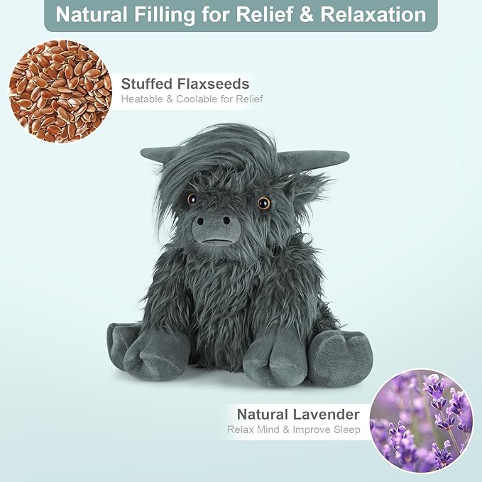 Heatable & Coolable Highland Cow Stuffed Animal, Microwavable Heating Pad for Soothing & Relaxation, Black Cattle Plushies for Stress Relief, Lavender Scented Stuffed Cow Gifts