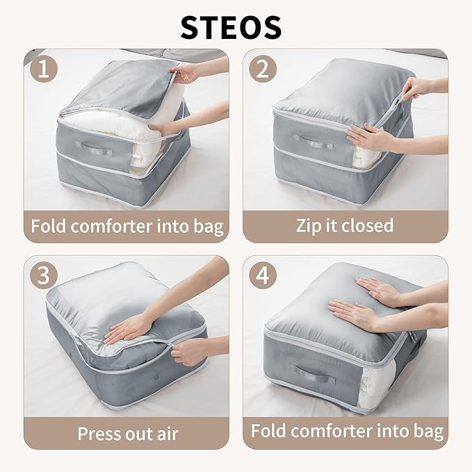 Comforter Storage Bag 66 L - 3 Pack Blanket Storage Organizer Compression Bags, Large Capacity Ultra Space Saving Self Organize for Bedding, Pillow, Duvet, Sheet Storage with Zipper Window