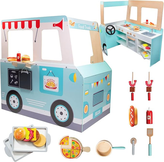 Food Truck Wooden Playset- 20 Fun Toy Pieces Including Cook Top, Steering Wheel, Sticker Sheet for Kids Name - Includes Food Tray, Pizza Slices & More, Dual Sided Play Stand for Indoor Fun Activity