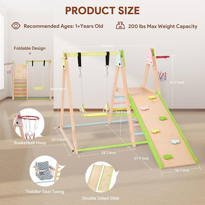 7 in 1 Indoor Jungle Gym for Kids, Foldable Toddler Indoor Playground with Slide, Beechwood & Baby Swing, Climbing Wall & Ladder, Wooden Climbing Toys Playset Gifts for Kids (Multicolor)