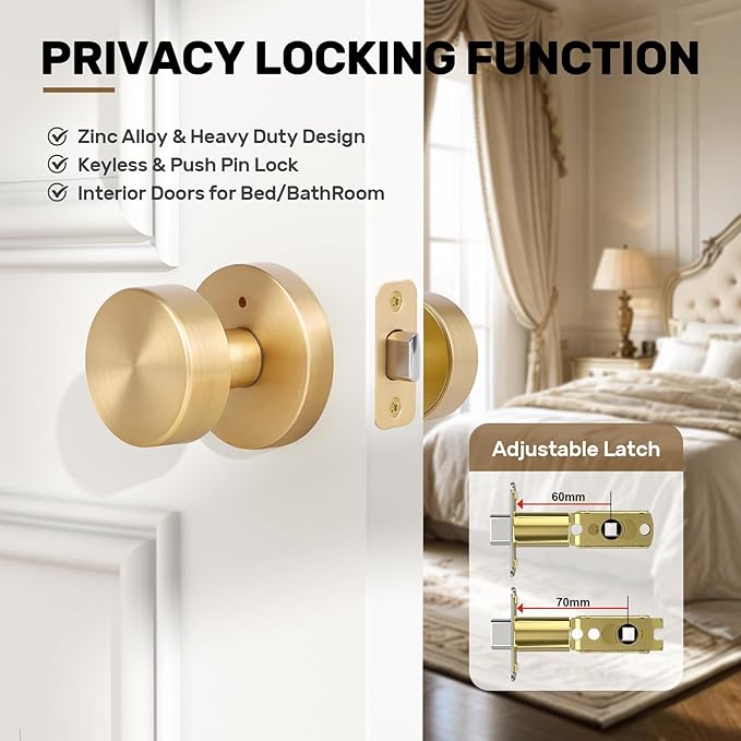 Satin Brass Door Knob Interior Privacy Door Knobs with Lock, Brushed Brass Door Knobs Modern Round Gold Door Handles for Bathroom and Bedroom